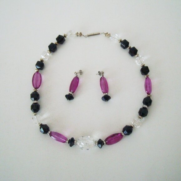 Necklace & Earrings Set Purple-Pink, Clear and Black Beads Diamante Spacers - Picture 9 of 9